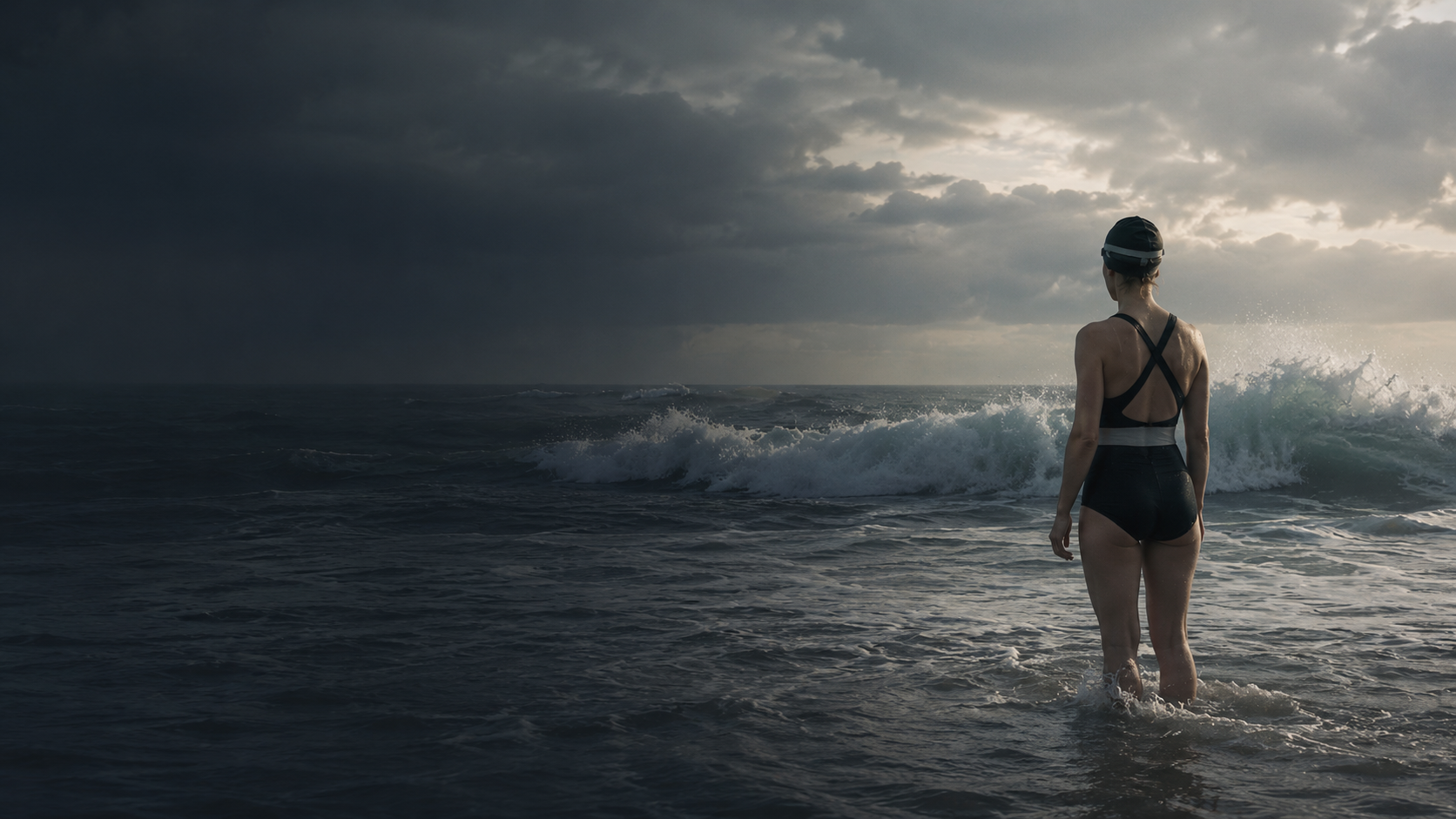 A lone open water swimmer stands in the shallows beneath storm clouds, facing the sea